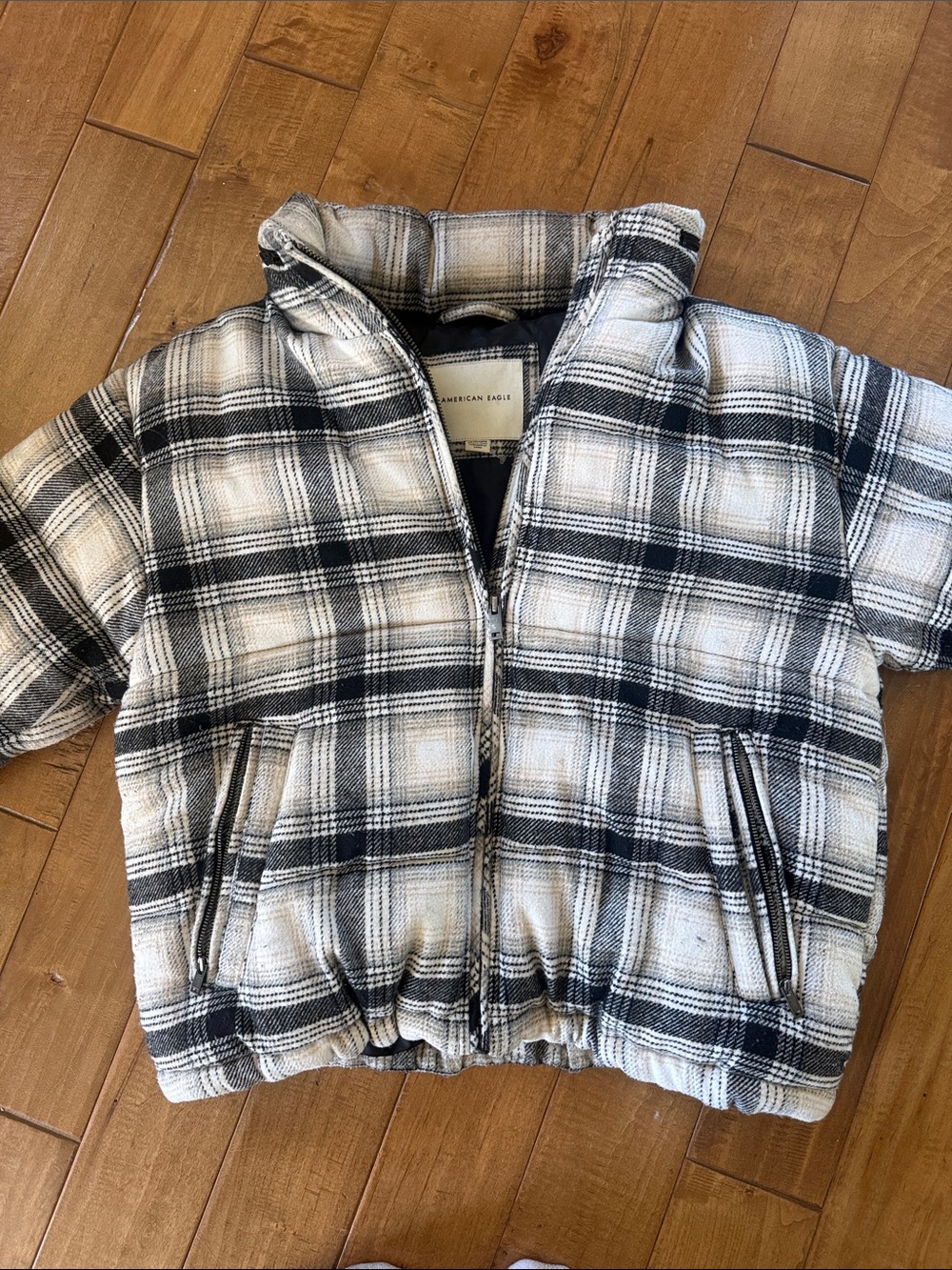 American Eagle Outfitters Kids Black & White Plaid Puffer Coat